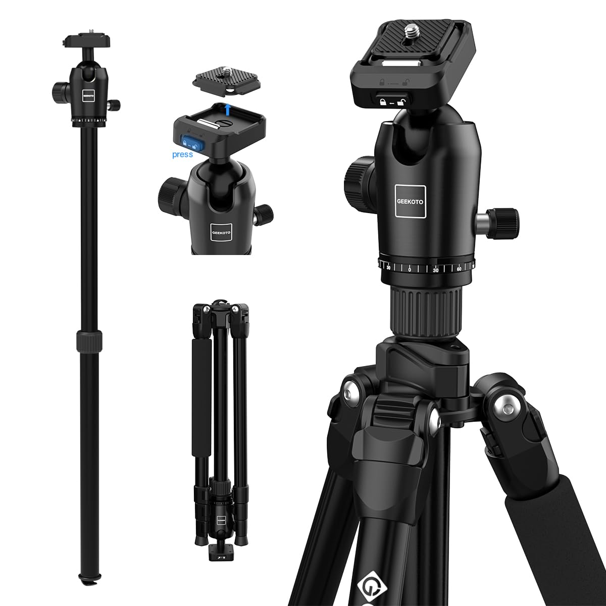GEEKOTO Treppiede per fotocamera da 77", DSLR Camera Tripod in alluminio, con monopiede e testa a sfera panoramica a 360°, piastra a sgancio rapido 1/4 e custodia per treppiede per fotocamera reflex