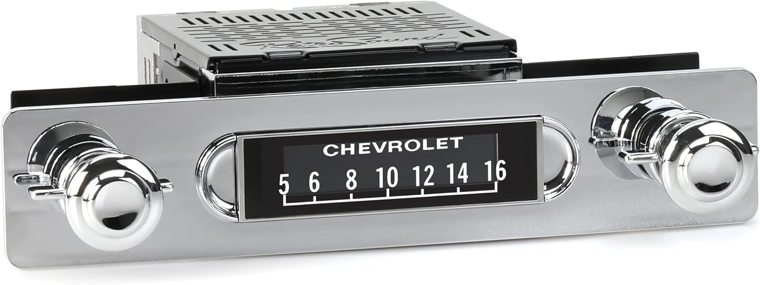 RetroSound Radio Apache con bisel de instalación, kit de perilla cromada y pantalla de esfera vintage compatible con GMC o Chevrolet 1955-59