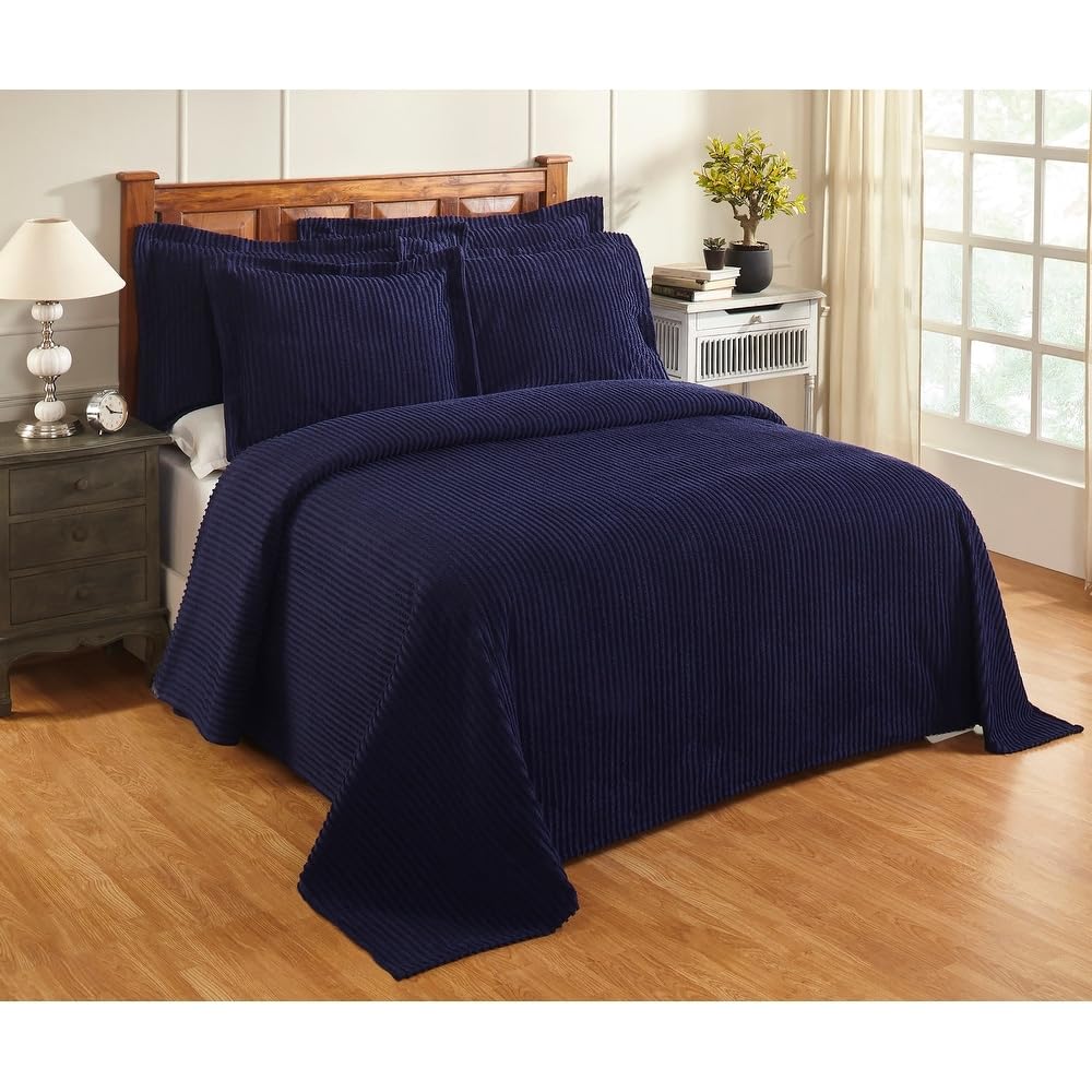 3 Piece Soft & Plush Chenille Tufted 100% Cotton King Quilt Bedspread | Bold Stripe Design in Pretty Navy Blue Color | Luxurious All Seasons Machine Washable Aesthetic Bedding
