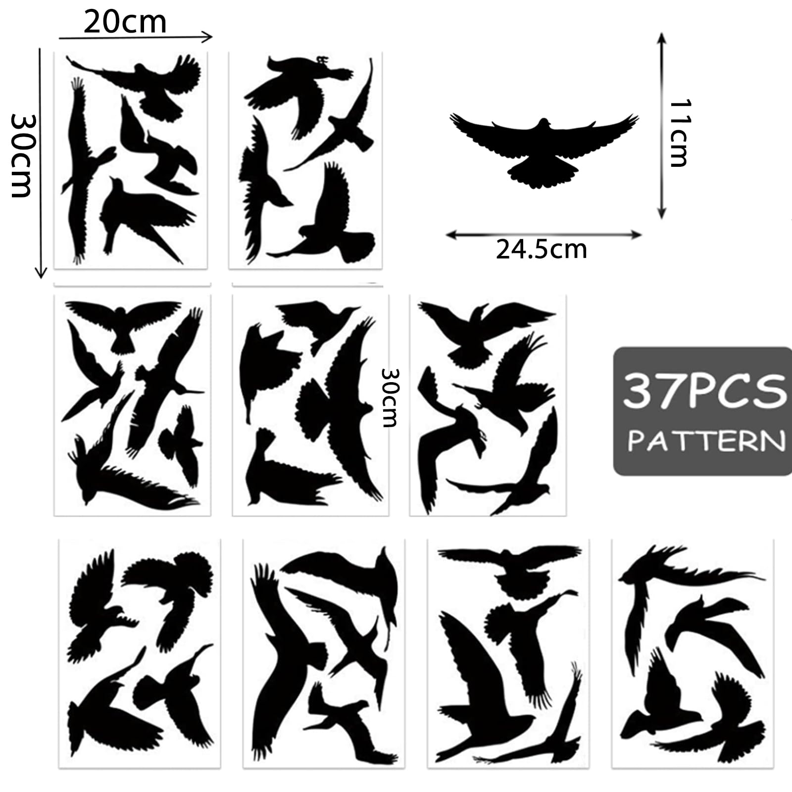 Lot de 37 autocollants de protection contre les oiseaux - En PVC - Réutilisables - Statiques et autocollants contre les chocs d'oiseaux