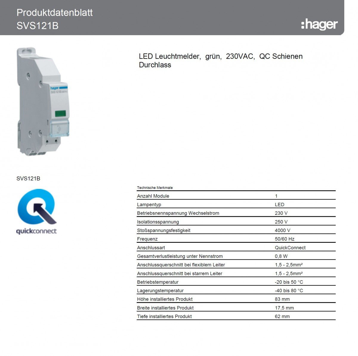 voyant modulaire à led - 230v - vert - sans vis - hager svs121b