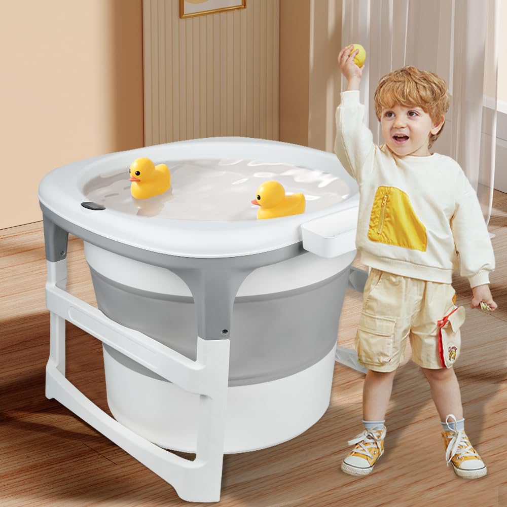 Große faltbare Badewanne für Babys bis 18 kg, XXL-Babydusche, rutschfeste Füße, Ablaufstopfen, Kapazität 200 l (grau, rund, 67 x 67 x 61 cm)