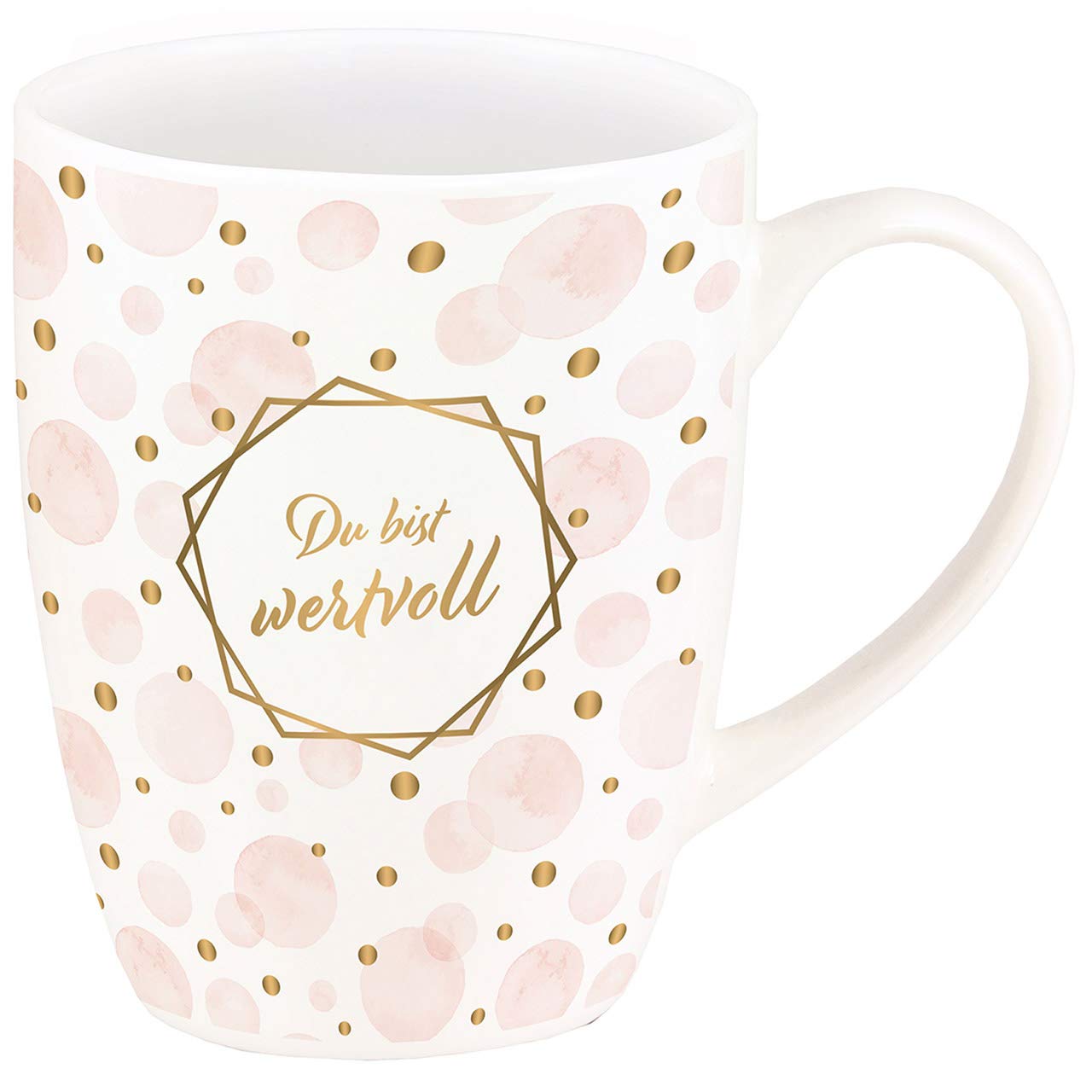 Kawohl Porzellan Tasse aus der Gold-Edition - Du bist wertvoll - Zylindrisch - Rosa - Luxus-Design mit Echtgold-Dekor