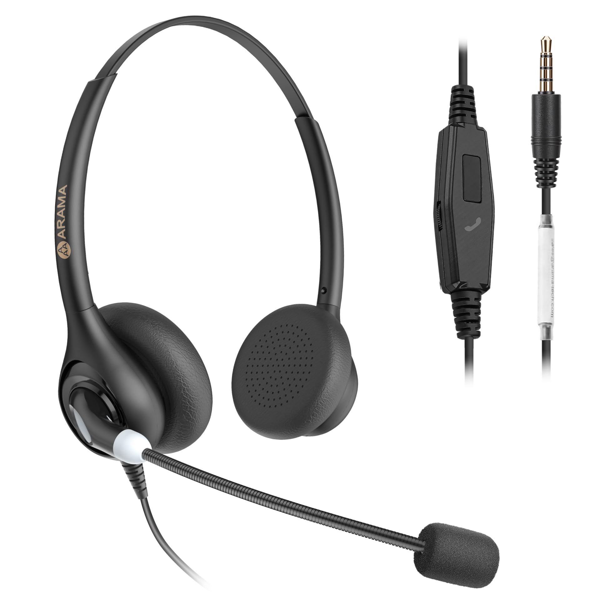 Arama Cell Phone Headset w/Lightweight Secure-Fit Headband, Pro Noise Canceling Mic and in-line Controls, 3.5mm Wired Headphones for iPhone, Samsung, LG, HTC, BlackBerry Mobile Phone and iPad Tablet