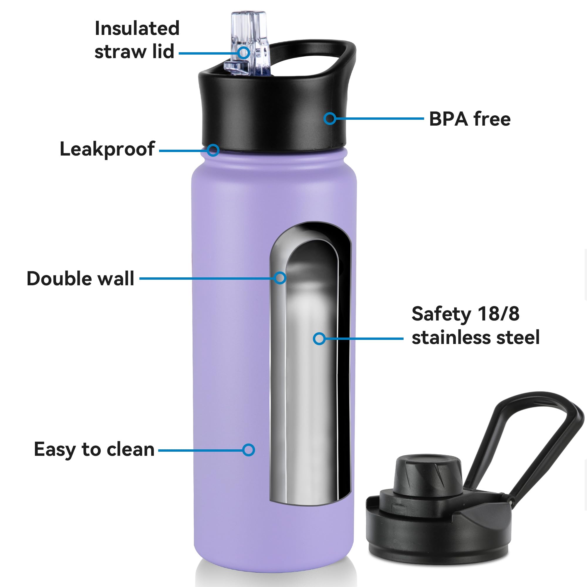 24oz Insulated Water Bottle with Straw Lid, Stainless Steel Metal Water Bottle with Straw & Wide Mouth Lid, Double Wall Vacuum Water Bottle for Hiking Camping, Lavender 4 Pack