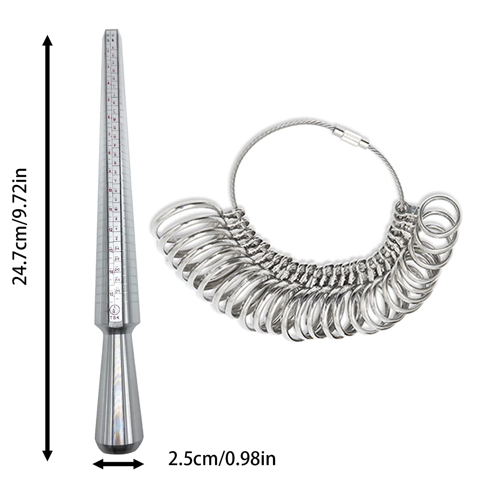 2 pièces Mesure de Taille de Doigt Set, Mesure Bague Doigt, Mandrin à anneau pour mesurer le diamètre des anneaux, taille standard Royaume-Uni, UE, États-Unis (argent)