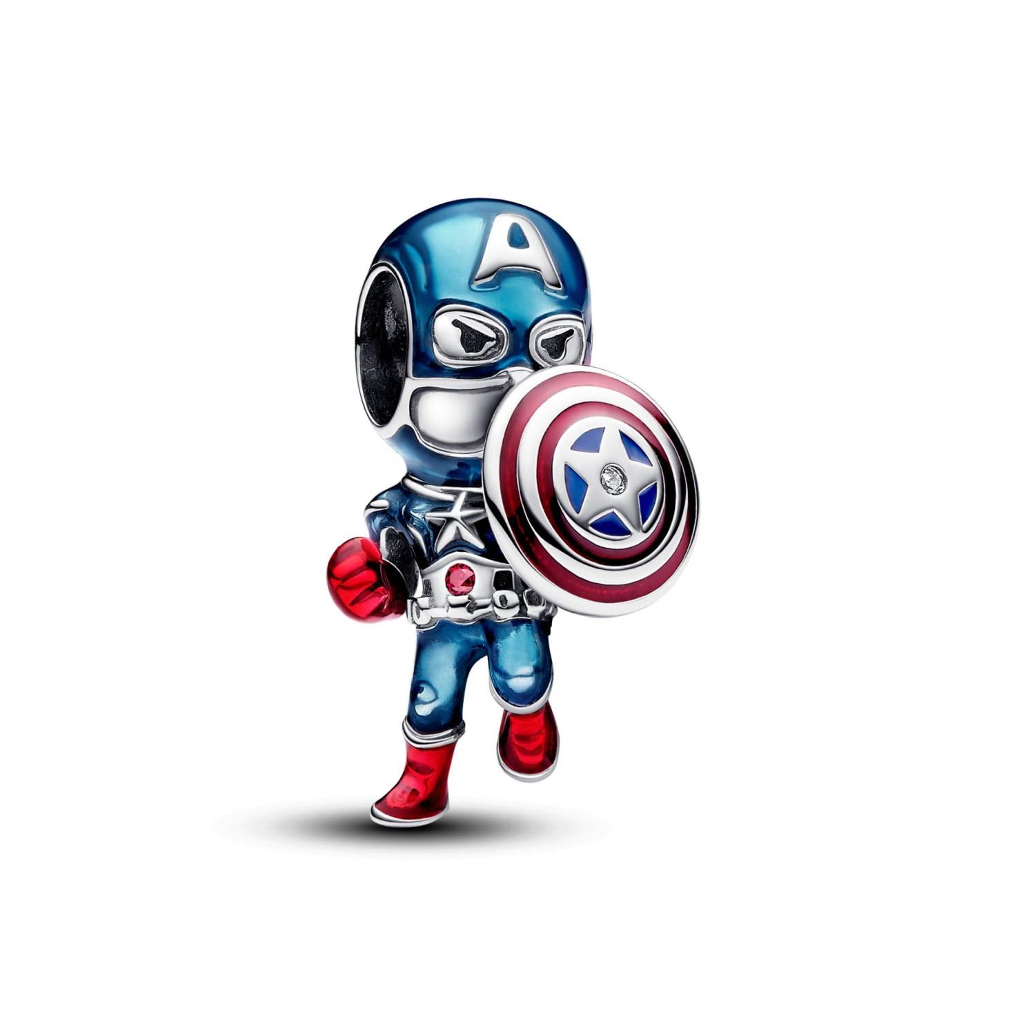 PANDORA Ciondolo di Capitan America della Marvel in argento Sterling con zirconi cubici trasparenti e rossi, smalto rosso e blu