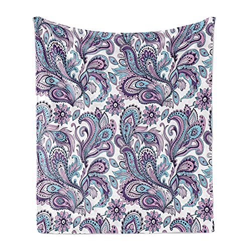 Ambesonne Paisley Throw Blanket, Blue and Purple Flowers Leaves Floral Pattern Bohemian Style Country Print, Flannel Fleece Accent Piece Soft Couch Cover for Adults, 50' x 60', Purple Blue