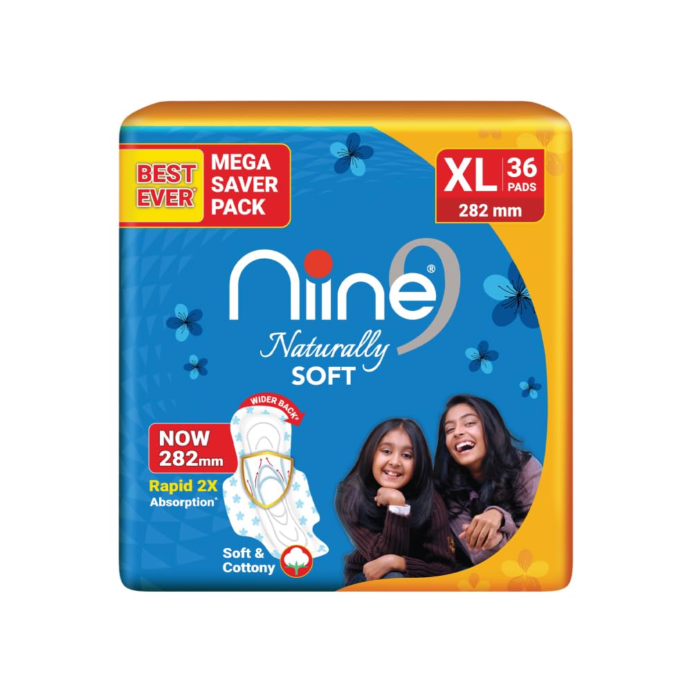 NIINE Naturally Soft XL Sanitary Pads for Women | 282mm Long | Cottony Soft Top Cover | Anti Leak Lock Channel| 2X Absorbent| for Heavy Flow| 36 Pads