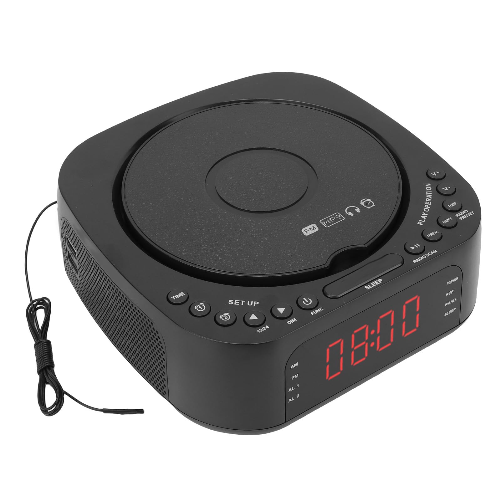 Odtwarzacz CD Budzik z Głośnikiem Pilot Zdalnego Sterowania Ładowanie USB Możliwość Przyciemniania Wyświetlacz Pulpit Radio BT do Sypialni, Półki na Książki, Domu (Wtyczka UE)