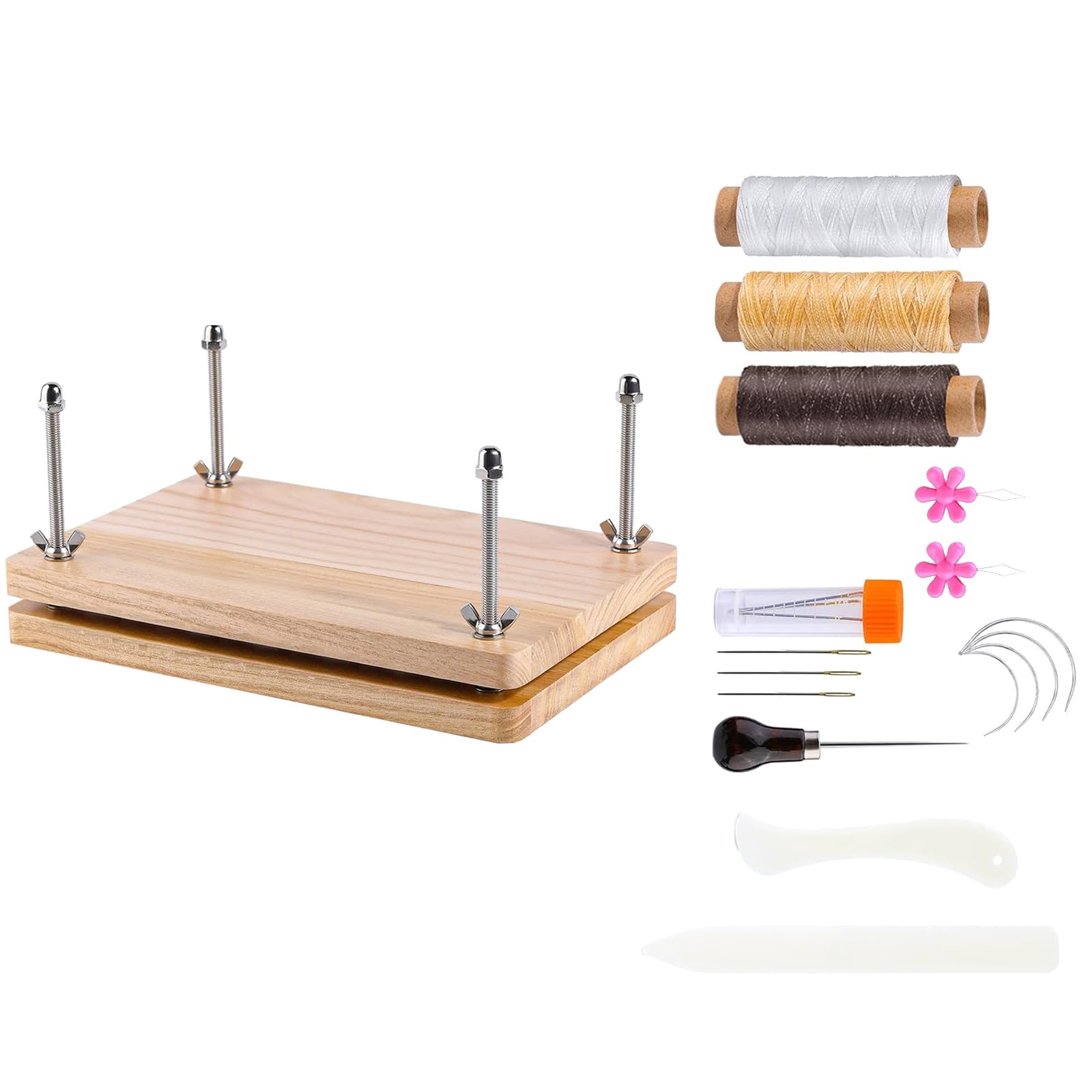 Book Binding Supplies for Beginner Professional Use, Wood Book Press with Waxed Thread, Sewing Needle, Folder Creaser Bookbinding Tool