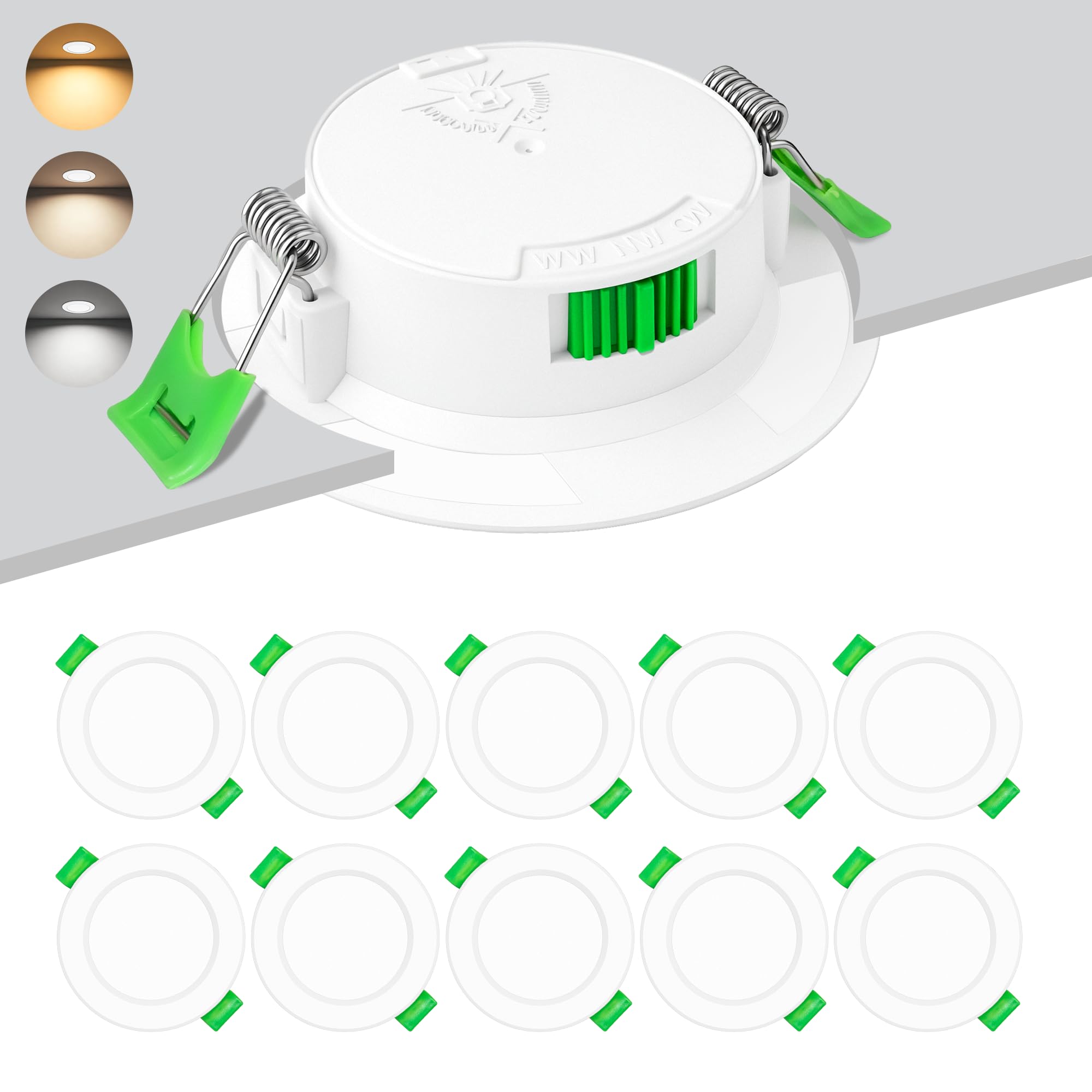 LED Einbaustrahler 230V 10er Set, 6W LED Einbauleuchten 3CCT 2700K/4000K/6000K, 55–68mm Lochmaß, Ultraflach 25mm IP44 Deckenspots, LED Spots als Einbauspots für Bad Küche Wohnzimmer, Weiß