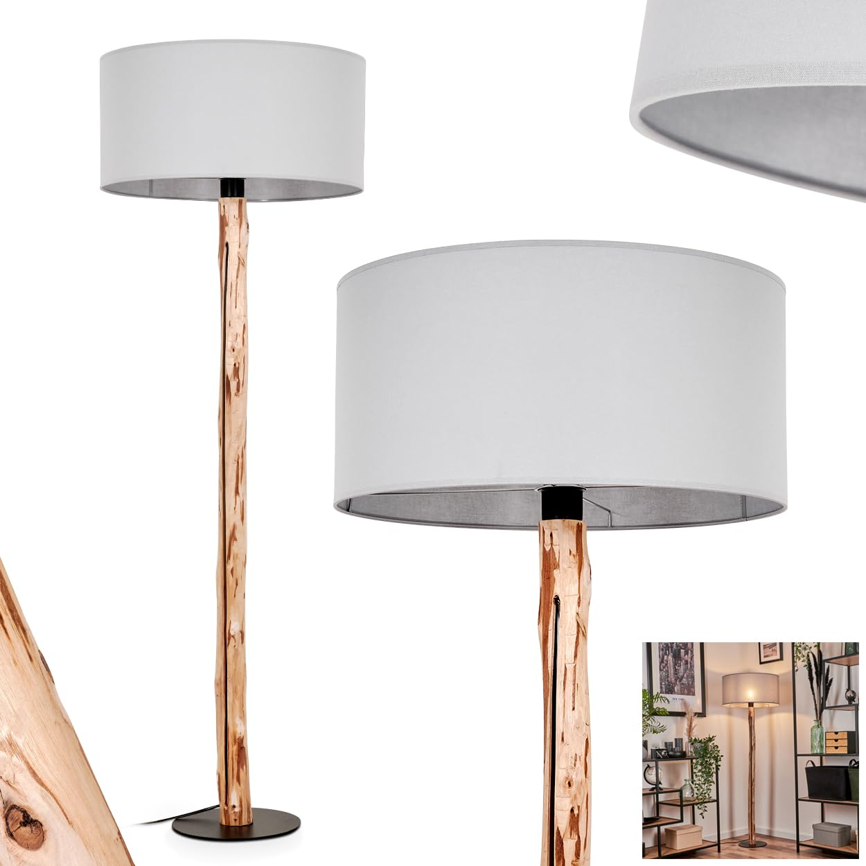 Lampadaire Bassagoda, en bois/métal/tissu dans les tons naturel/noir/blanc, lampe au design scandinave avec abat-jour en tissu ( 40 cm) et interrupteur au pied, hauteur 161 cm, 1 x E27, sans ampoule