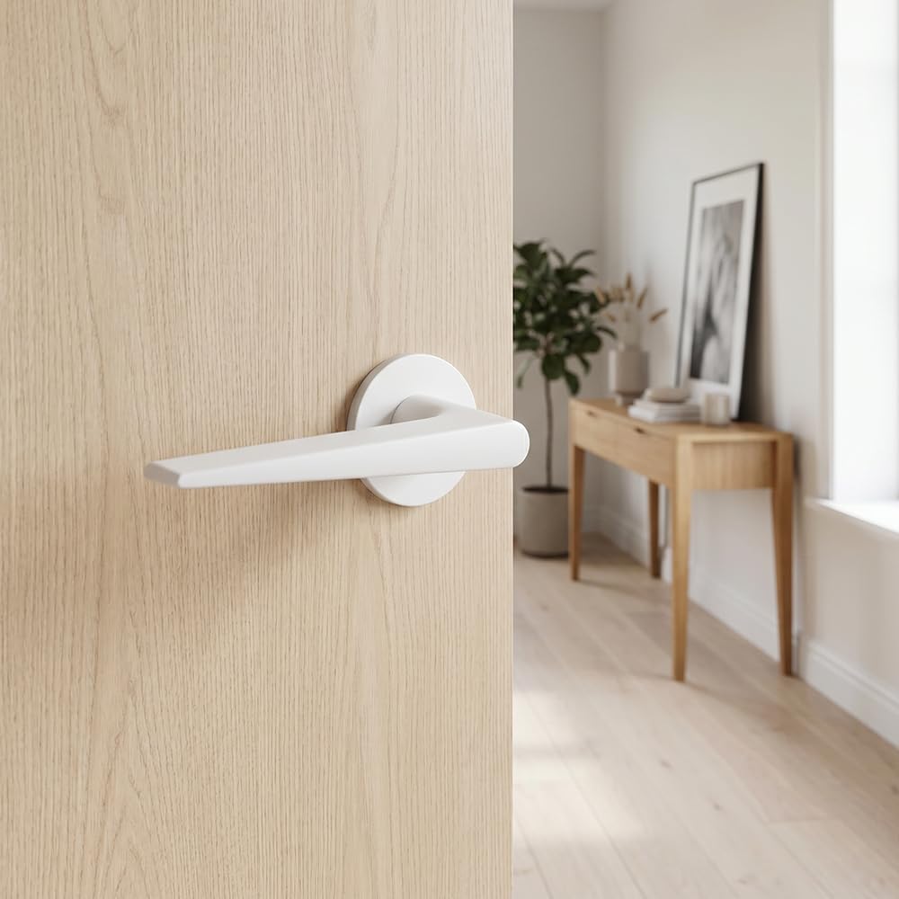 ERGO line RENA Super SLIM Weiß Türbeschlag für Badtüren und WC-Türen, Türgriff mit WC-Rosette, Rund-Rosette, Die ultra-feine Silhouette, Drückergarnitur, Türklinken Innentüren, Türdrücker, Edelstahl