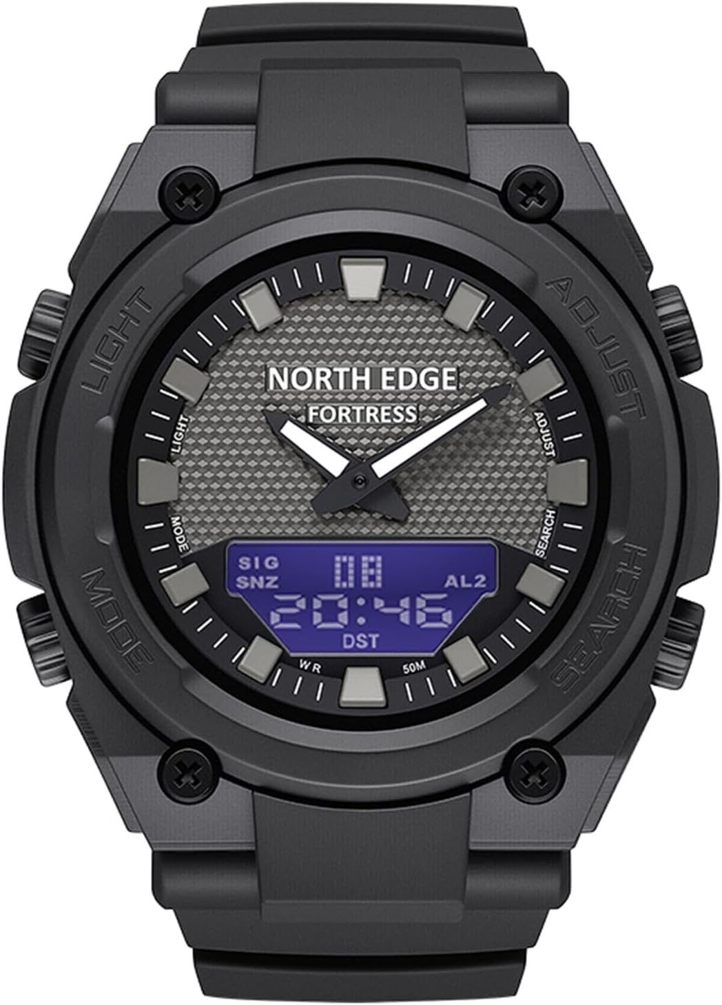 NORTH EDGE Fortress Analog Digital Watch for Men, Tactical Sports Watch with World Time, Stopwatch, Countdown Timer, Alarm, LED Backlight, 5ATM Water Resistant, Easy-Read 46mm Watch