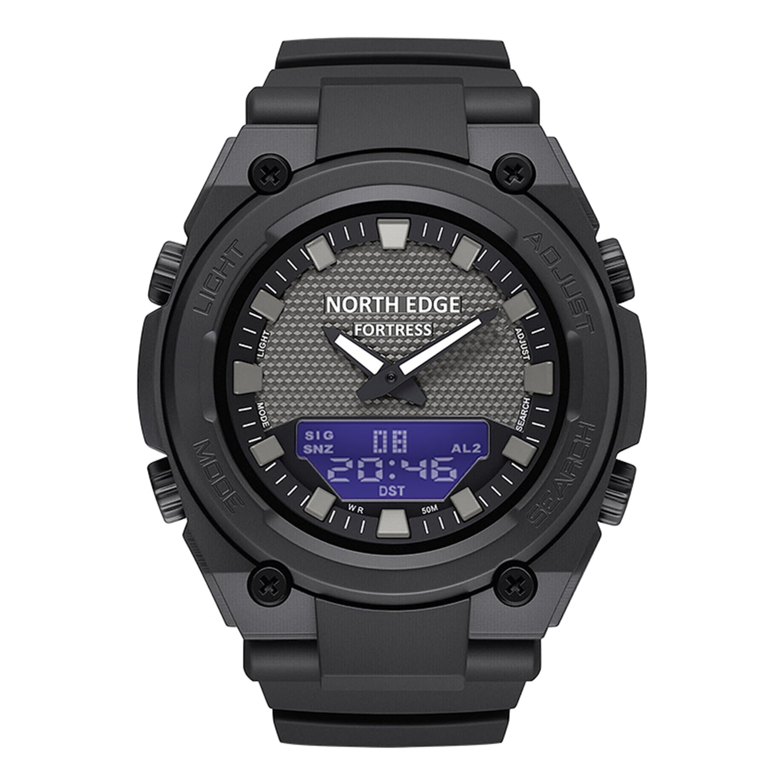 Back of the NORTH EDGE Fortress watch showing 'WR 164FT 50M' indicating water resistance.