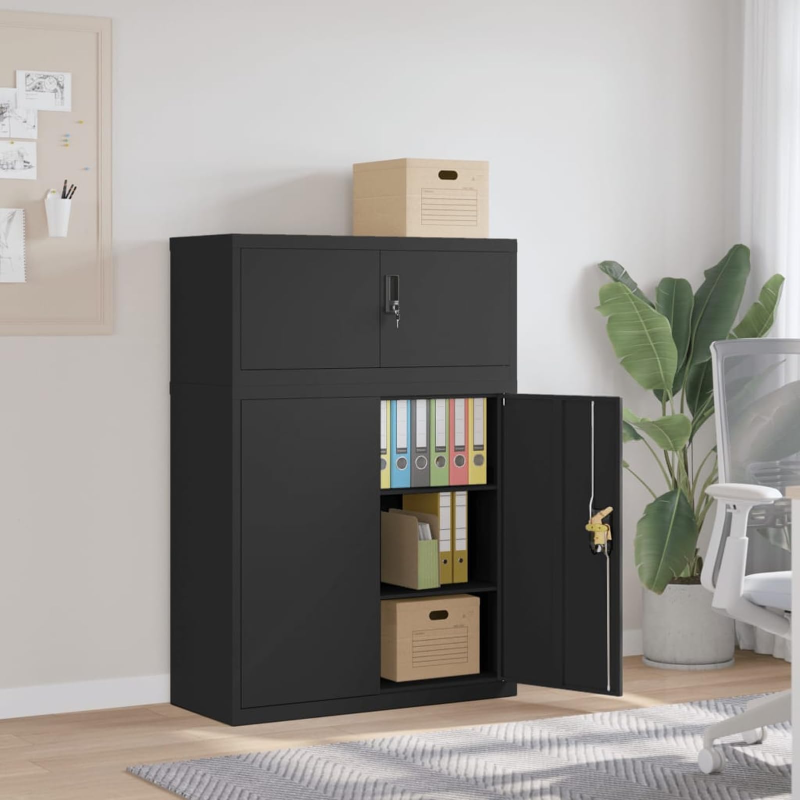 Armadietto in acciaio, 90 x 40 x 130 cm, nero, con 2 ripiani regolabili e serratura di sicurezza, robusto archivio per ufficio