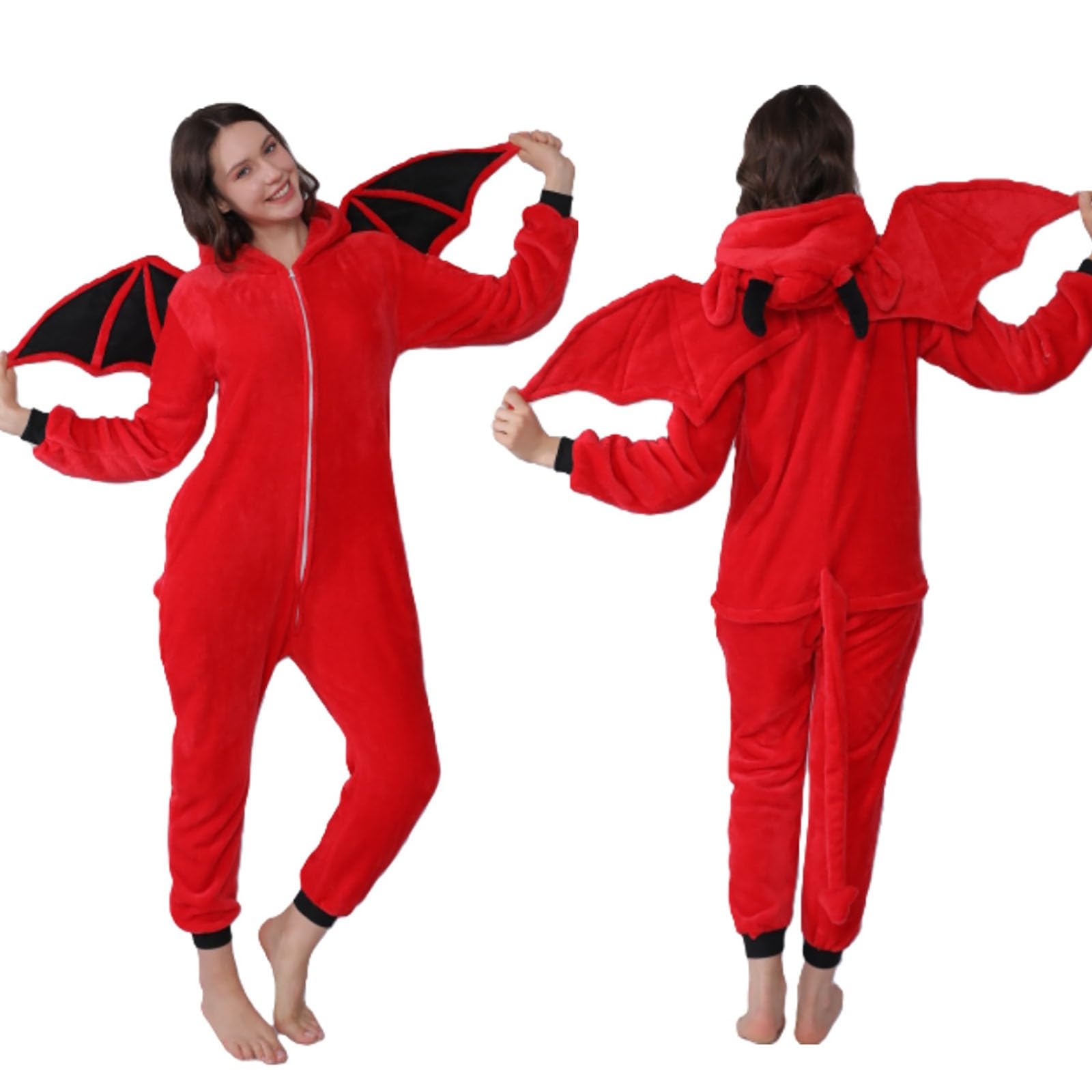 Womens Costume Hooded Devil Onesie Jumpsuit with Tail Horn Bat Wings