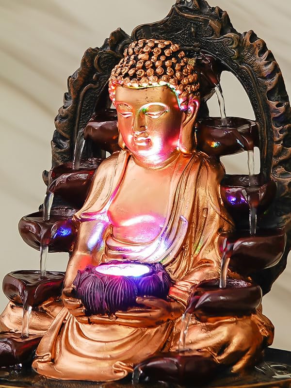 Image of Golden Brown Polyresin Tabletop Buddha Indoor Water Fountain for Home Decor with LED, Speed Control Pump (Size: 37 x 27 x 27 CM | Weight: 2185Gram)