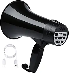 Megafone Bullhorn recarregável de 20 watts com sirene e gravação 240s, entrada BT e USB, alto-falante megahone com visor de energia e alça portátil (preto)