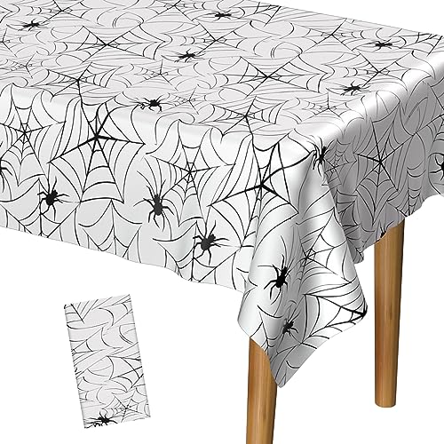 PLULON Toalha de mesa de Halloween 137 x 274 cm toalha de mesa de tecido de aranha de plástico, toalha de mesa de feliz Halloween para decoração de mesa de jantar de férias, suprimentos de festa de