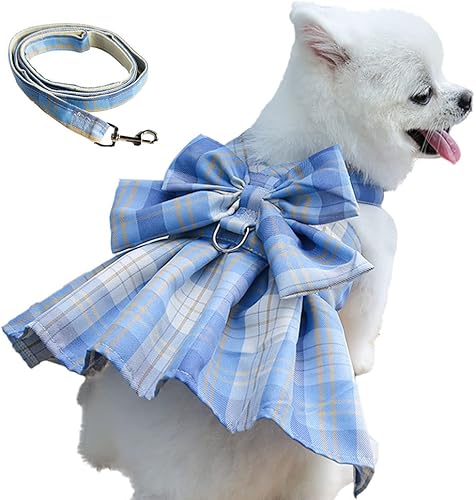 Vestido a cuadros para cachorro, falda con lazo para cachorro, arnés y correa ajustable, vestidos de verano para perros pequeños, gatos, conejo,