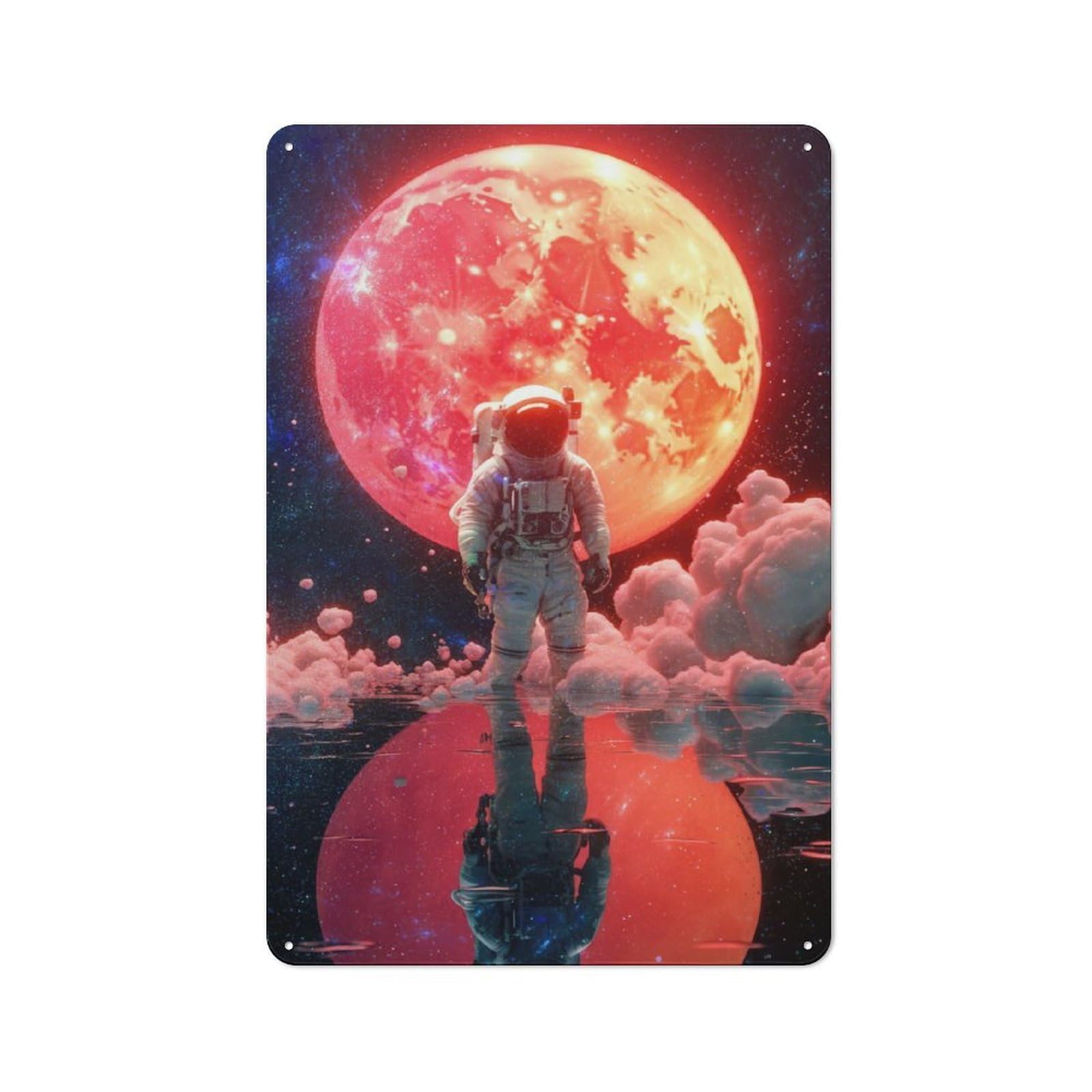 Junmoney Astronaut And Redmoon Retro Tin Sign 30X20cm For Man Cave Or Games Room, A Decorative Christmas Gift For Leisure-Room Decor Enthusiasts