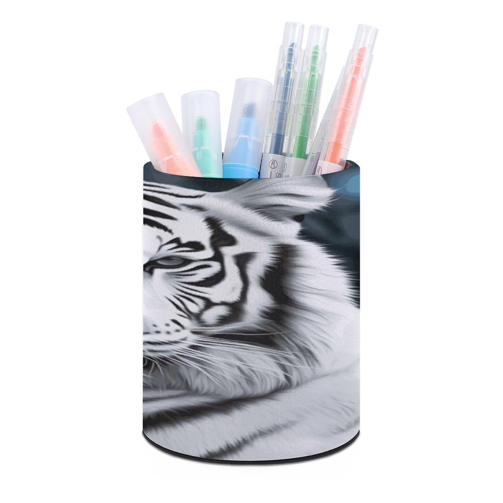LDGSUPH White Tiger Round Pen Holder Leather Pen Cup Pencil Cup Pen Organizer Pencil Holder for Desk Organizer Pencil Organizers Makeup Brush Holders for Home Office Gift