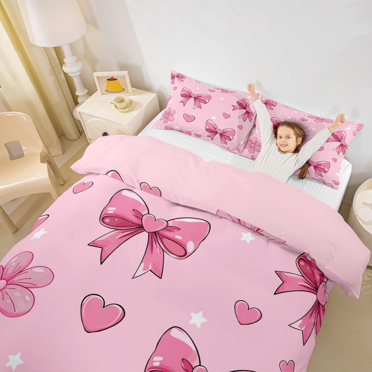 Homemissing Pink Bow Tie Duvet Cover Set Boys Girls Pink Bow Bedding Set Single Size Breathable Soft Flower Star Print Duvet Cover with 1 Pillowcase Love Heart Bowknot Bedding - Image 4