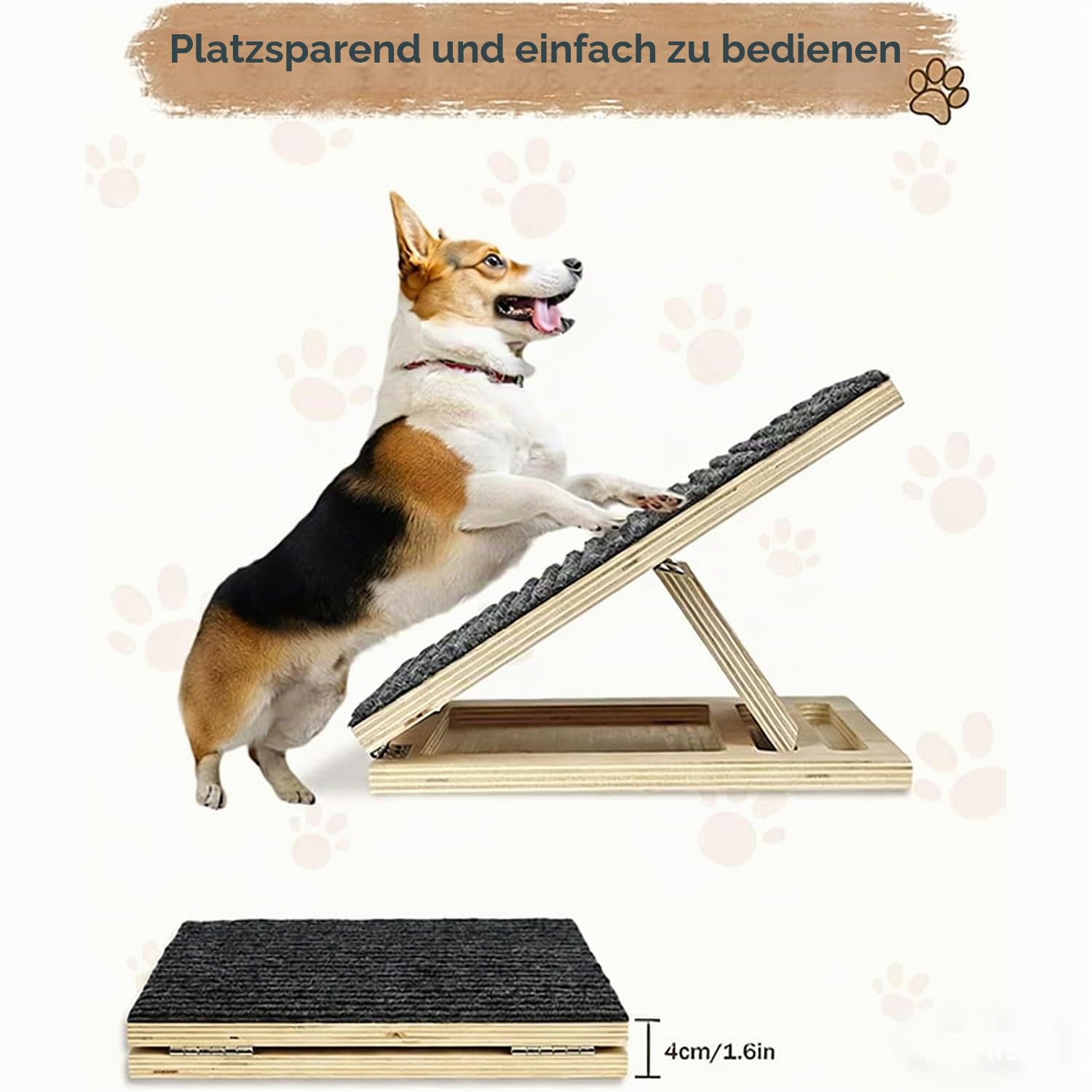 Hunderampe aus Holz mit Rutschfester Teppichoberfläche – Niedrige, schräge Rampe für kleine Hunde, ideal für Treppen, Stufen und als Unterstützung für verletzte oder ältere Tiere (4)