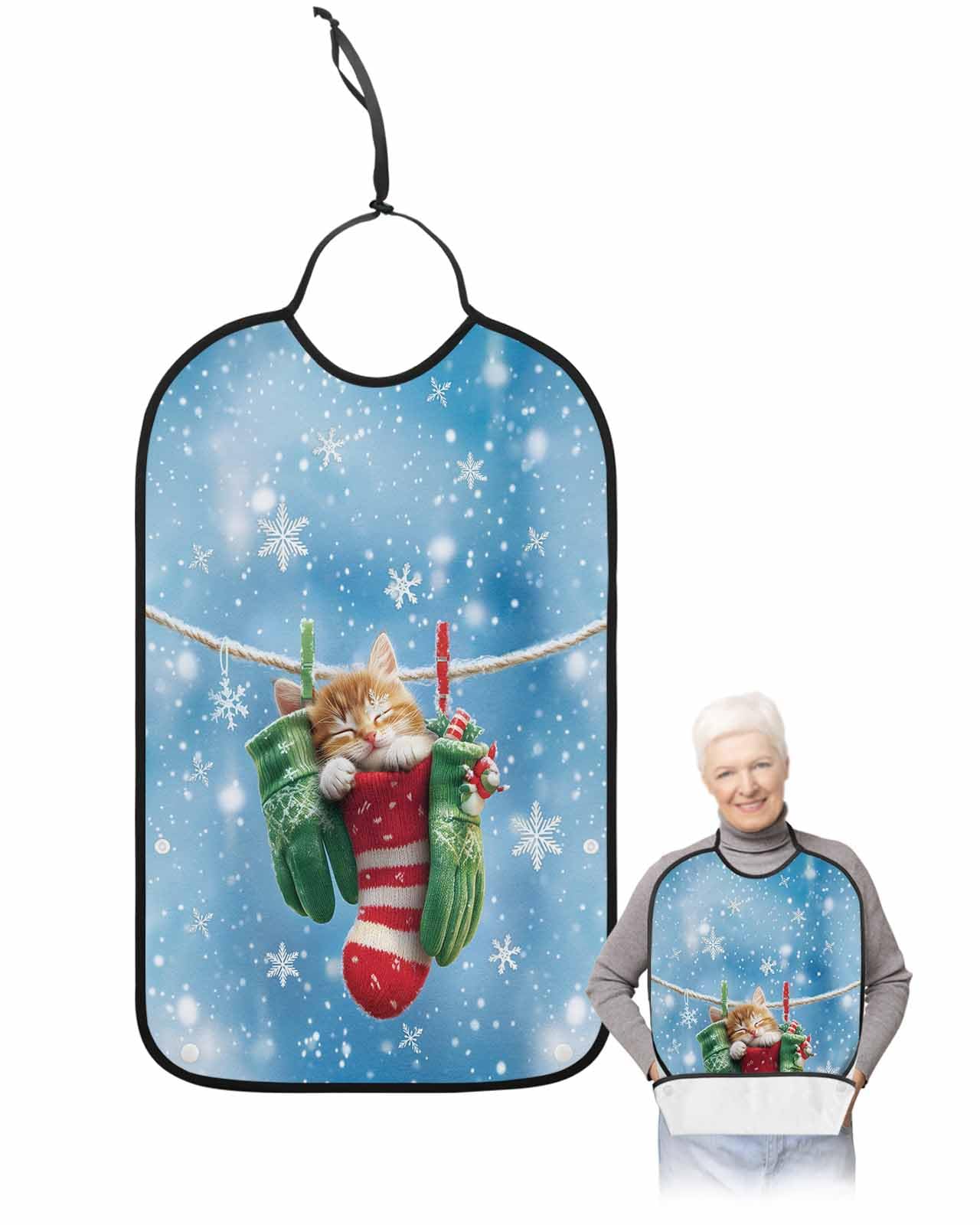 Onekaccu Christmas Adult Bibs for Elderly Women Men Washable Bibs for Eating, Cute Cat White Winter Snowflake Gradient Blue Waterproof Clothing Protectors Adult Bibs with Crumb Catcher