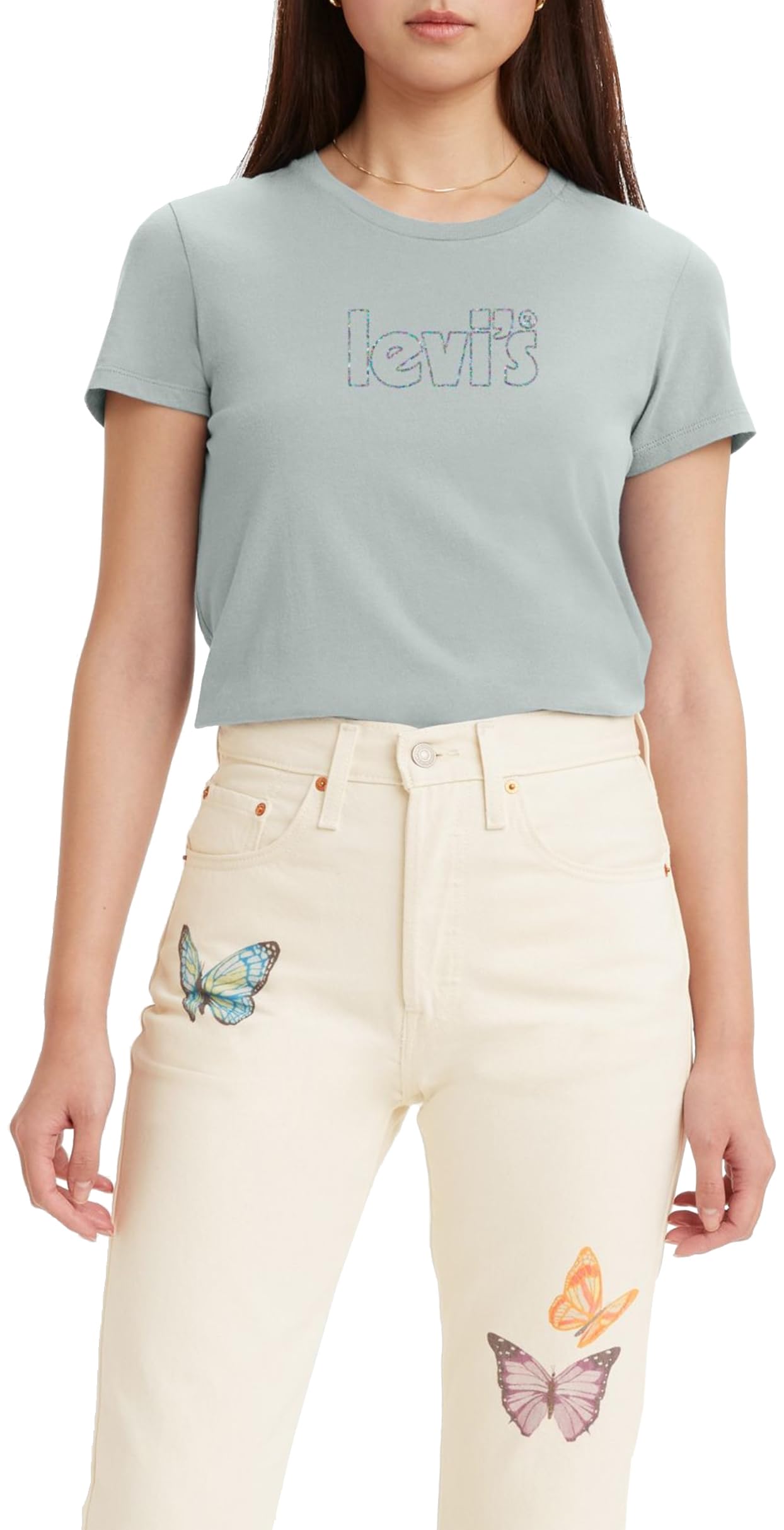 Levi's Women's The Perfect Tee- Poster Logo T-Shirt, Poster Logo Glitter Chalk Blue, XXS