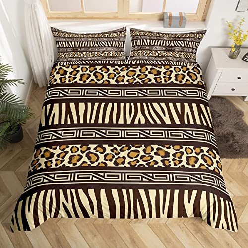 Housse de Couette 240 x 260 Rayures Géométriques Imprimé Léopard Parures de Lit Bohême 2 Personnes Microfibre Douce et Confortable Impression en 3D avec 2 Taie d'oreiller avec Fermeture éclair Cover