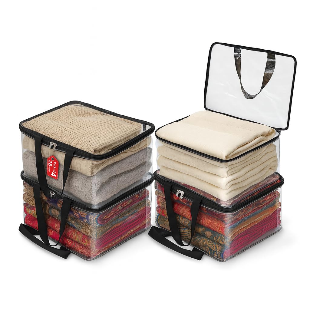 SOLSTICE Pack of 4 Transparent Storage Bag for Saree Covers,Clothes, Lehenga, Blankets, Bedsheets, Toys, Docs|Wardrobe Organizer|Clear Storage Box Bag - Pack of (4), Plastic, 40x32 cm