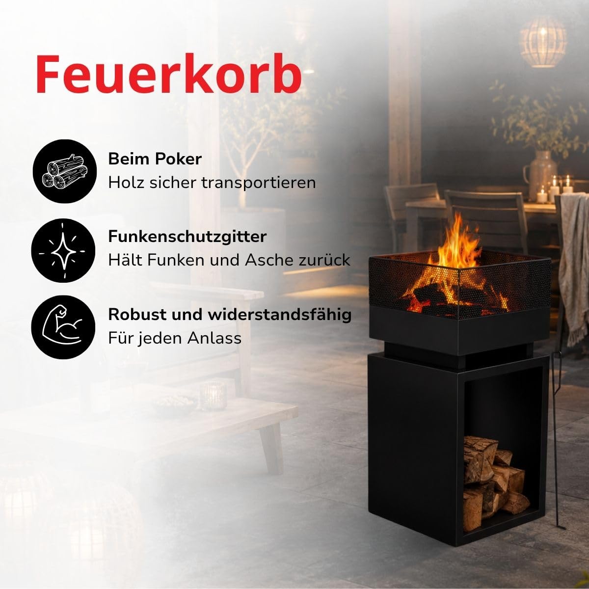BBQ Collection Feuertonne mit Funkenschutz - Feuerkorb 39 x 39 x 85 cm - Gartenkamin für Brennholz - Terrassenofen mit Schürhaken und Brennholzlager - Deko Terrasse - Karbonstahl