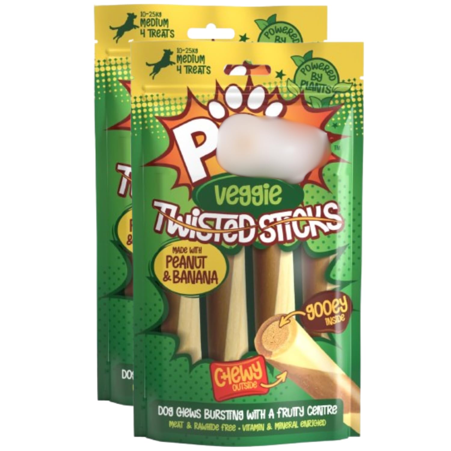 Veggie Twisted Sticks 4pk x Pack of 2 - Peanut & Banana - Perfect Treat for Your Pooch With a Gooey Inside - Vitamin and Mineral Enriched