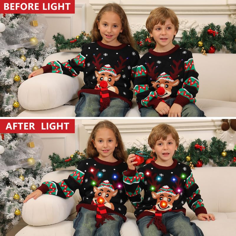 Kouric Jersey Navideño Niño con Luces,Jersey Navidad Niño/Niña con Estampado de Reno en la Nieve,Ugly Christmas Sweater,Jerseys Navideños con Luces,Suéter Navideño Gracioso,Christmas Jumper