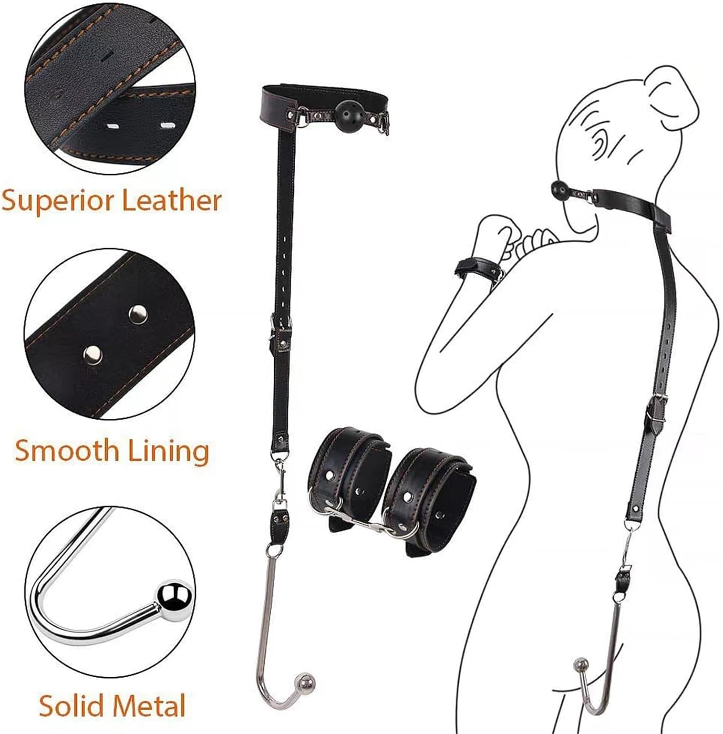 Sm Backhand Hook Back Court Metal Anal Plug Flirting Sex Products Women's Erotic Leather Buckle with Porous Mouth Plug Restraint Handcuffs Set