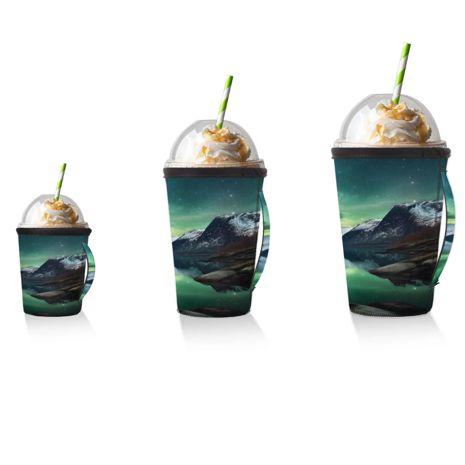 Beautiful Aurora Borealis Reusable Neoprene Coffee Sleeve with Handle Insulated Iced Coffee Cup Holder Reduces Condensation Fits 24-28 oz Cups M