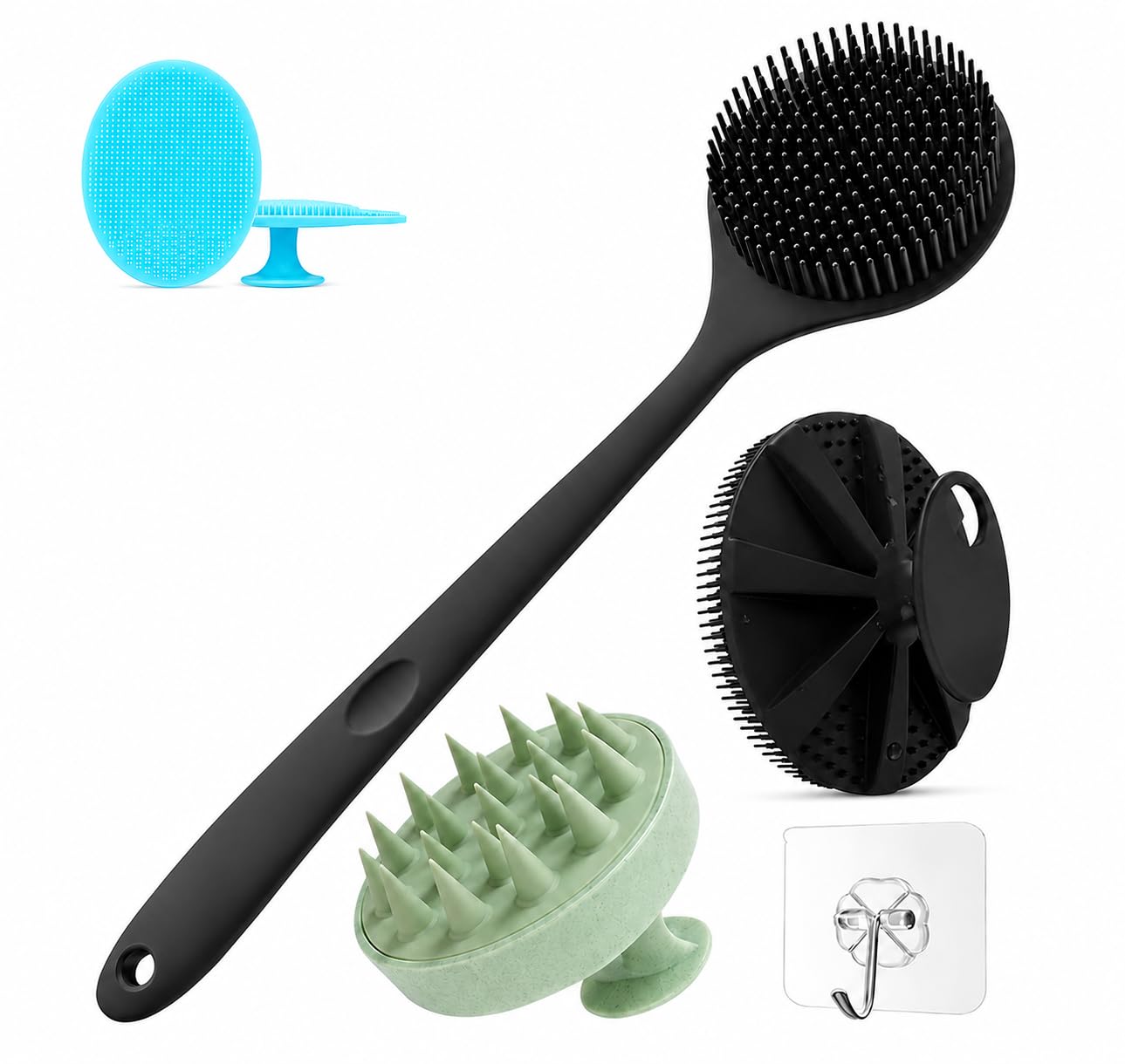 5-in-1 Silicone Back Scrubber & Scalp Massage Brush Set | Long Handle, Soft Silicone Bristles, Wet & Dry Use, Easy Hang Storage, All Hair Types-image-35