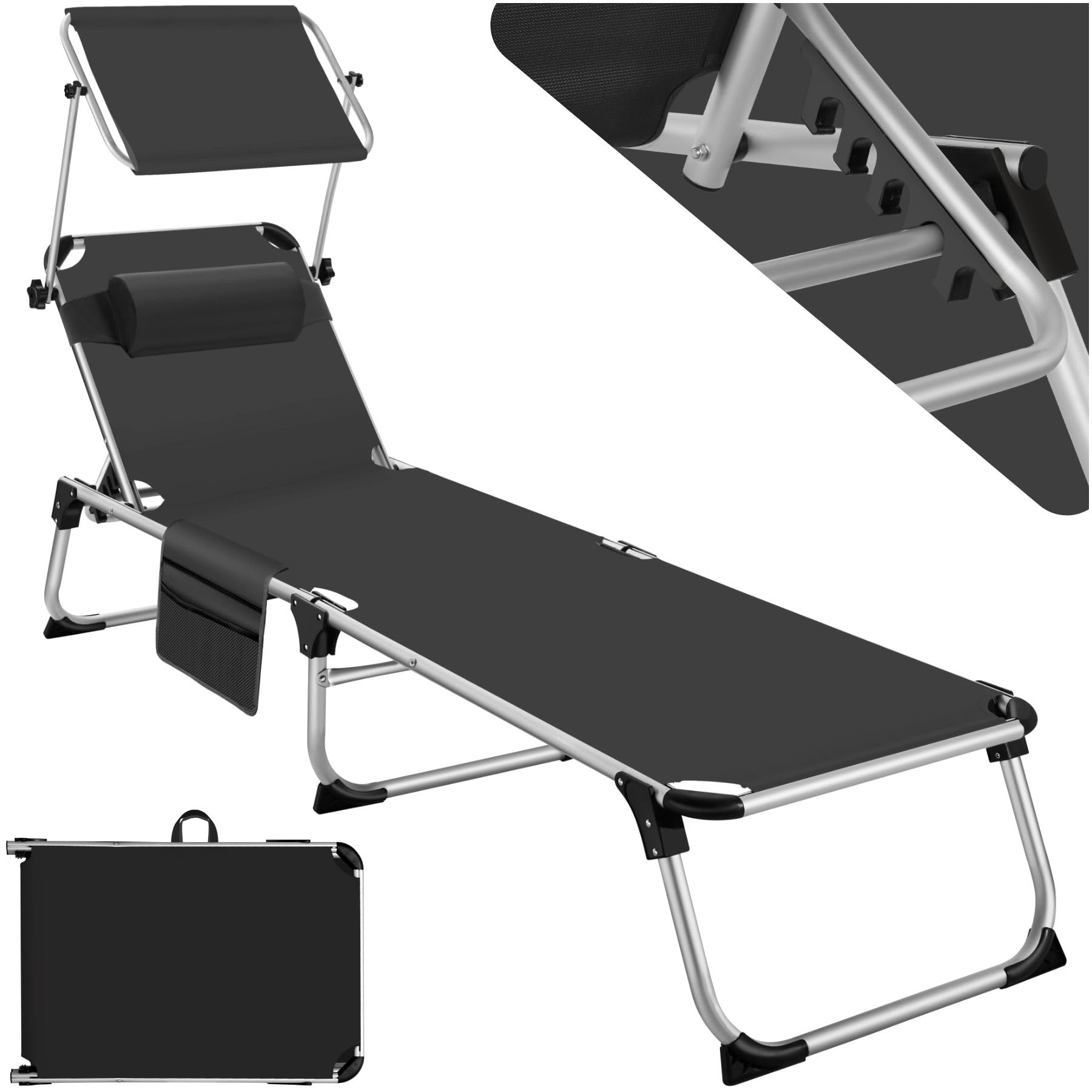 TecTake® Tumbona Jardín Exterior de Aluminio, Tumbona Plegable con Reposacabezas, Parasol y Bolsillo Lateral, Tumbona Playa Reclinable en 6 Posiciones, Tumbona Piscina Resistente a Intemperie - Negro