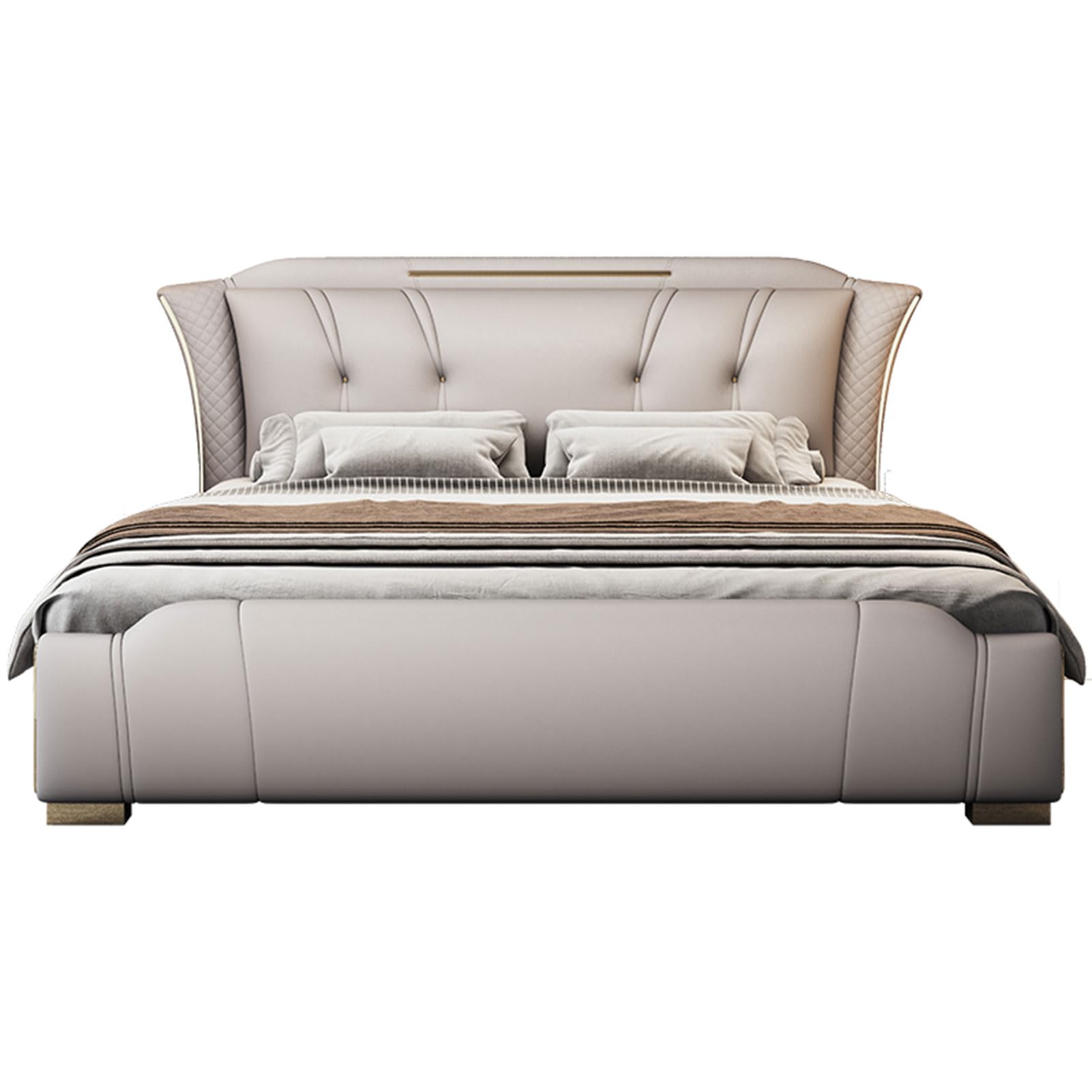 King Size Luxury Genuine Leather Wood Bed Upholstered Platform Bed Frame with Vertical Tufted Wingback Headboard Strong Wooden