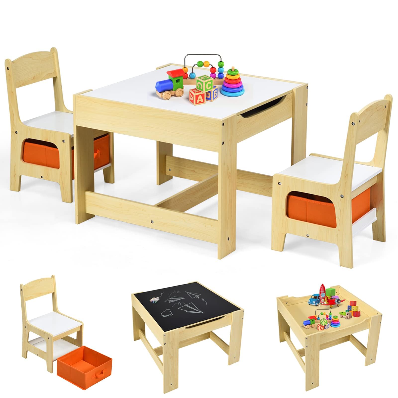 RELAX4LIFE 3 en 1 Juego de Mesa y Silla Infantil con Pizarra y Pizarra Blanca, Mesa Infantil con Sillas y 2 Cajas de Almacenamiento, Mesa Infantil Reversible para Guardería, Sala de Juegos (Naranja)