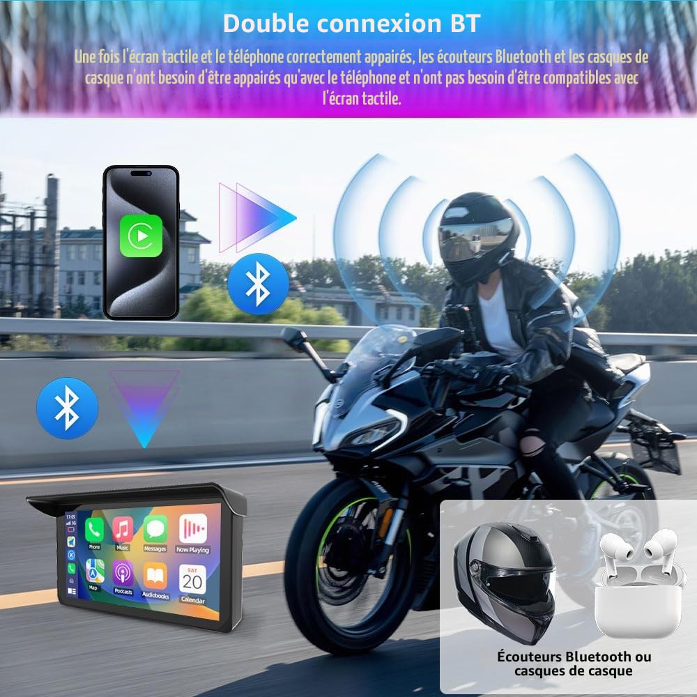 VSYSTO Motorcycle CarPlay, CarPlay sans Fil et Android Auto, écran Tactile HD étanche de 5 Pouces, Prend en Charge la Navigation GPS, câble d'alimentation avec Double Port USB