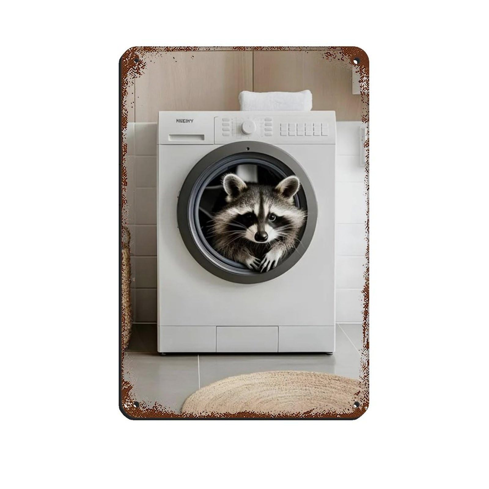 Raccoon in A Washing Machine, Bathroom Art Tin Sign Vintage Metal Pub Club Cafe Bar Home Wall Art Decoration Poster Retro 8x12inch(20x30cm)