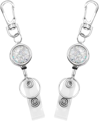 Paquete de 2 llaveros retráctiles plateados brillantes, soporte retráctil para insignias, carrete retráctil para tarjetas de identificación, llave