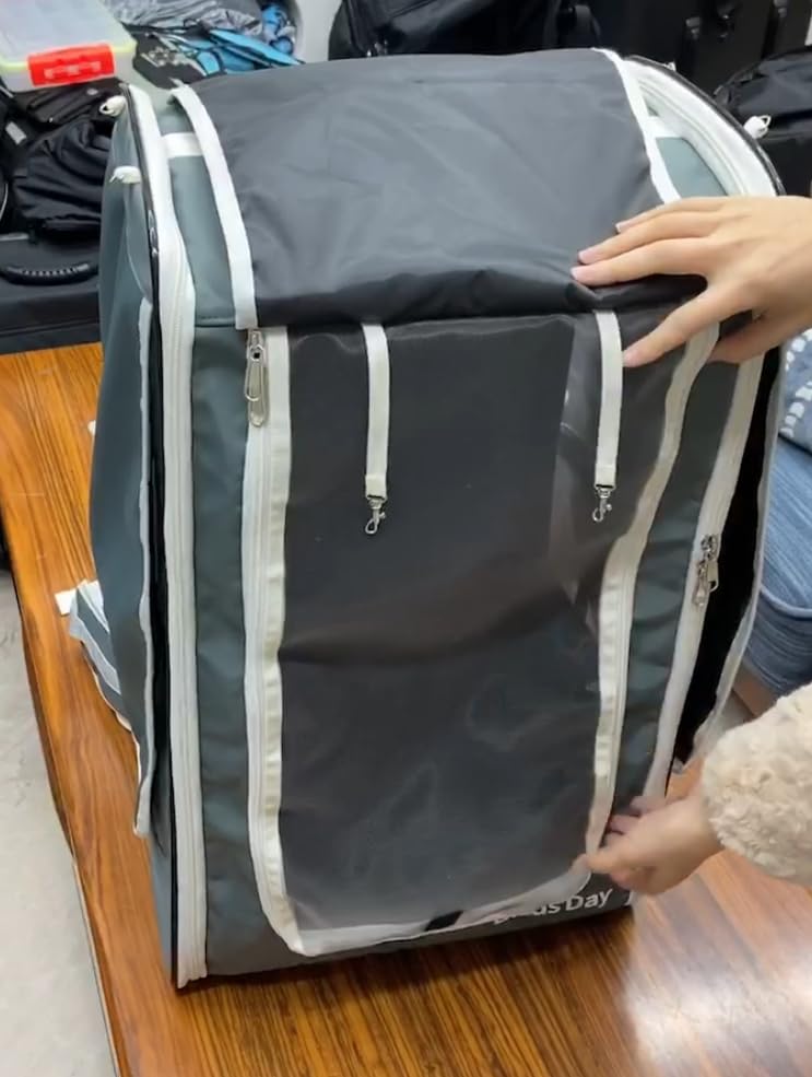 Cockatoo Carrier Backpack-Parrot Travel Cage with Wood Perch and Food Bowl, Stainless Steel Tray (Charcoal Gray, Large Birds (for Cockatoos))