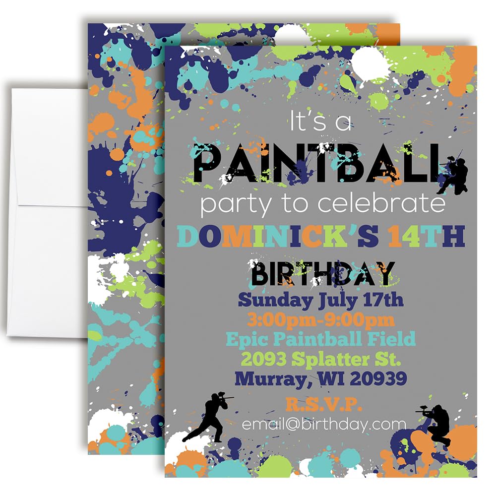Custom Birthday Invitations Paintball Birthday Invites 20 5x7 Custom Paintball Party Invitation Cards With Envelopes - Unique Paintball Party Invites