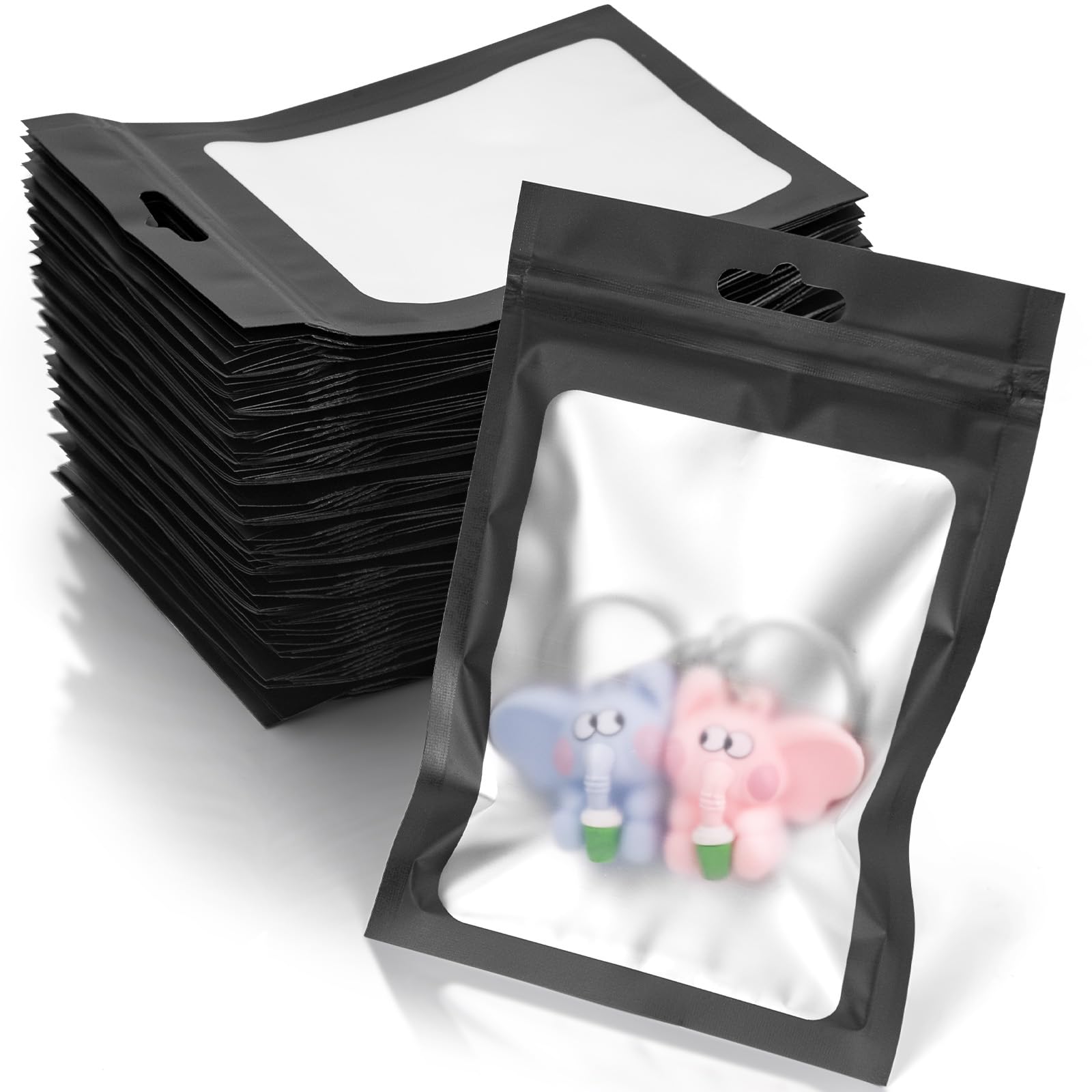 Mylar Bags Candy Bags 200 Pack Packaing Bags Resealable Bags (4x6 Inch Black) with Clear Window for Small Business Food Storage Packaging Supplies