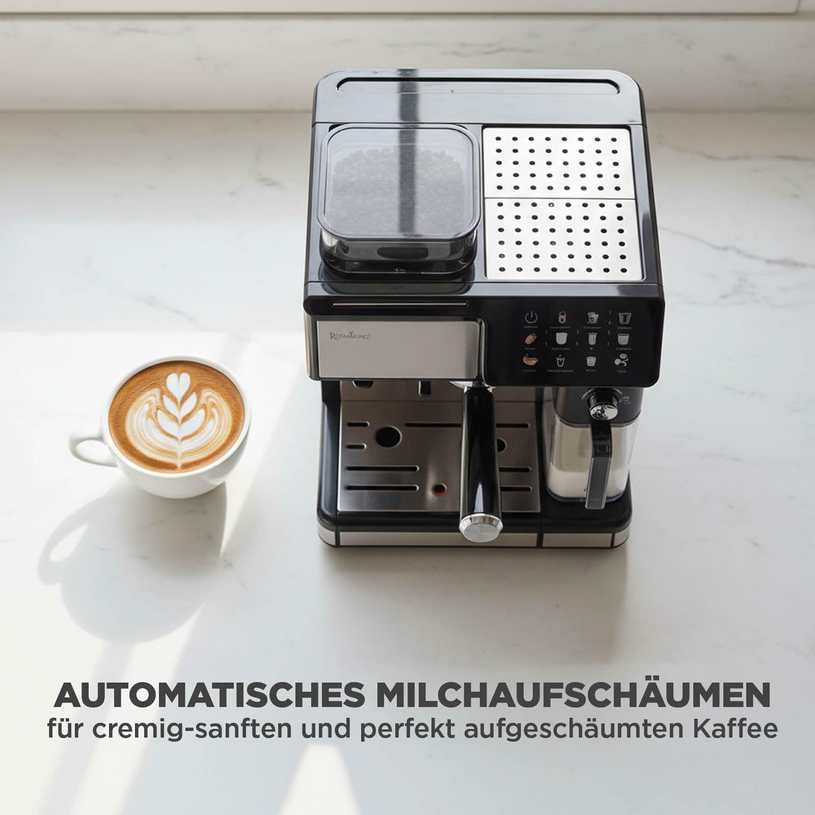 ROSMARINO W pełni automatyczny ekspres do kawy z młynkiem, pompa 20 bar, automatyczny spieniacz do mleka, Touch Control, zbiornik na wodę 2,6 l, espresso Cappuccino Latte, samoczyszczący, czarny